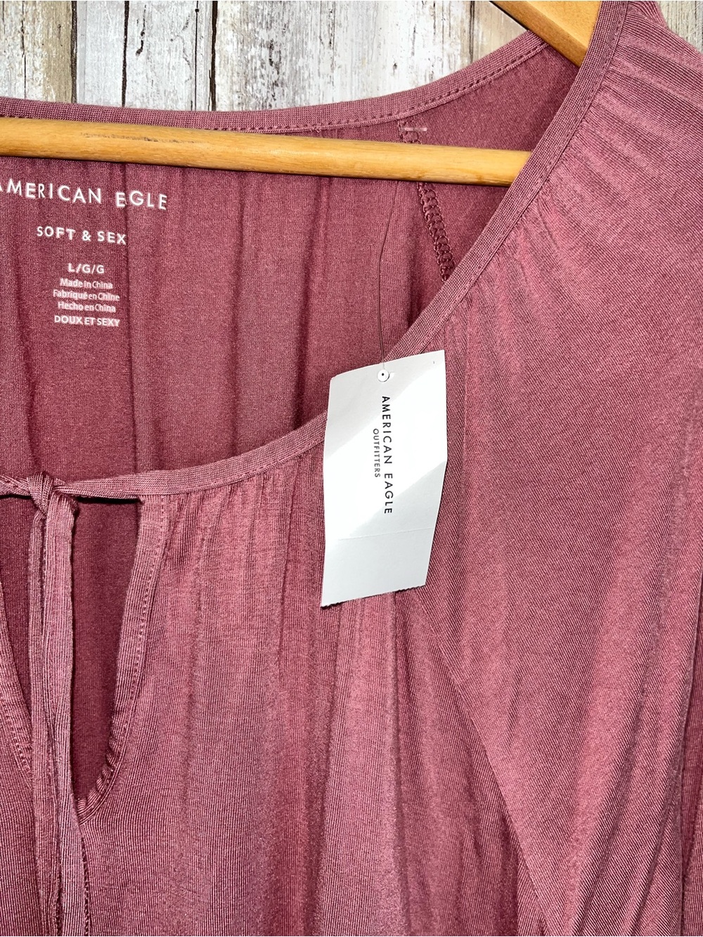 NWT American Eagle Soft & Sexy Smocked Waist Blouse Large Mauve Pink Long Sleeve - Picture 5 of 5